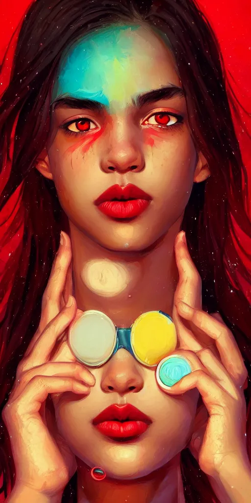 Image similar to colorful and festive captivating teenager with straight brown hair covering his eye, dark skin, big lips, big eyes, wearing a red t - shirt. rich vivid colors, ambient lighting, dynamic lighting, 4 k, atmospheric lighting, painted, intricate, highly detailed by charlie bowater