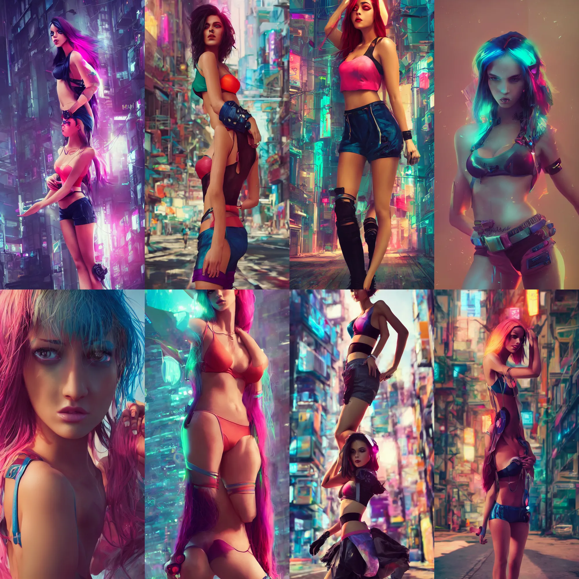 Prompt: fashion photography, gorgeous latin woman, colorful hairs, wearing bra and shorts streetwear, cyberpunk city street, costume design, illustration, cinematic color grading, hyperrealism, trending on artstation, elegant, vfx, postprocessing, octane render, 8 k, by charlie bowater