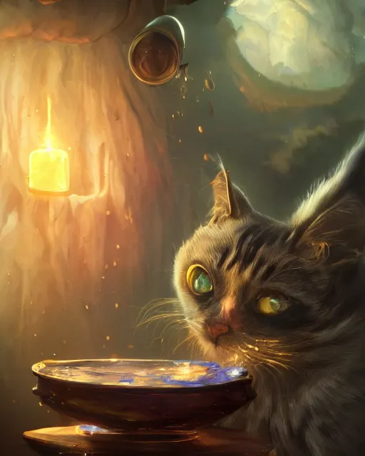 Prompt: oil painting of cat witch brewing potion, sharp focus, fantasy style, octane render, volumetric lighting, 8k high definition, by greg rutkowski, highly detailed, trending on art Station, magic the gathering artwork, Alchemist lab backround, centered