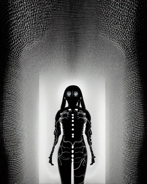 Image similar to black and white artistic photo, young female cyborg - plant goddess, microchip, artificial intelligence, bio - mechanical bio - luminescence, black wired cables, cinematic, rim light, photo - realistic, 8 k, in the style of dora maar and h. g. giger