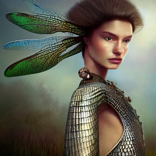 Prompt: brown woman wearing a shiny dragonfly armor. iridiscent. super detailed. layered. textured. award winning. dispersion of light. refracted lighting. soft. fragile. by ray caesar. by louise dahl - wolfe. by andrea kowch. surreal photoraphy. photorealistic