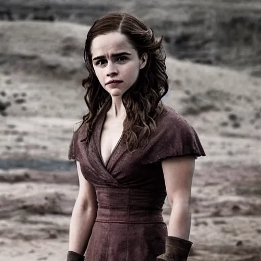 Image similar to a woman who is a genetic combination of emilia clarke and emma watson face and upper - body focus