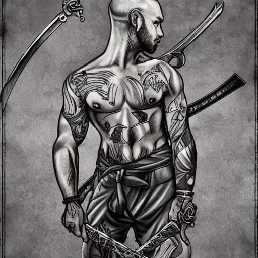 Image similar to muscular bald man, tattooed body, sword in hands, HD, anime style,