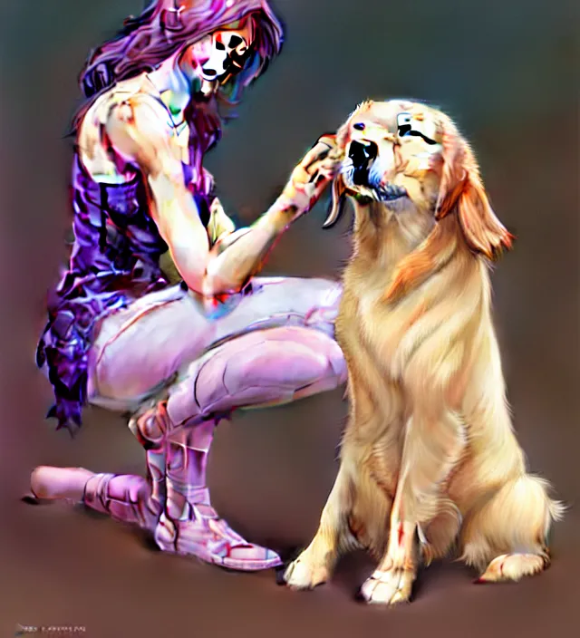 Image similar to Kate Bishop petting Golden Retriever Dog, Marvel, Hawkeye, blush, intricate, cute, elegant, light purple mist, highly detailed, digital painting, artstation, concept art, matte, sharp focus, illustration, art by Artgerm and Greg Rutkowski and Alphonse Mucha