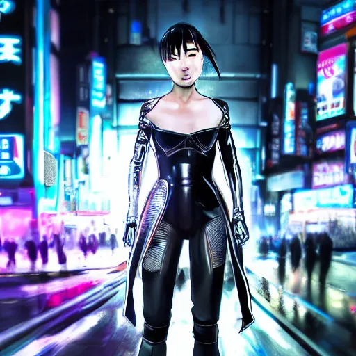 Prompt: An epic comic hyperrealistic illustration of a japanese cyber warrrior girl wearing futuristic wardrobe, black and silver, ultradetailed face expression trending on artbreeder, cyberpunk 2077 color, heavy rainning at tokyo street nightview, neon light, DAZ, 8k, unreal 5 engine render, cosplay, RPG portrait, photorealistic, hdri, dramatic lighting, rim lights,