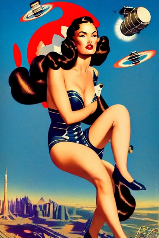Image similar to beautiful retro space megan fox varga girl sitting on a rocket in diesel punk city, windblown dark hair, retro pinup model, seductive, 1 9 4 0, glamour pose, intricate, smoke, hyper detailed, digital art, smooth, sharp focus, alberto vargas, gil elvgren, greg rutkowski, propaganda poster