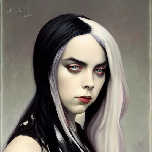 Image similar to Billie Eilish as a demon succubus, oil on canvas, noir effect, artstation, by J. C. Leyendecker and Edmund Blair Leighton and Charlie Bowater,--width 1600