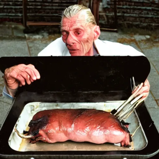 Image similar to roasting pig on a spit with samuel beckett's face