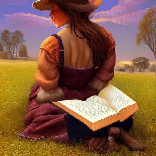 Prompt: village girl reading a book, highly detailed, digital painting, artstation, concept art, illustration, art by artgerm and Johfra Bosschart