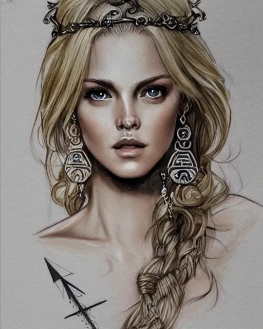 Prompt: tattoo sketch of beautiful greek goddess aphrodite with arrow earrings, beautiful piercing eyes, flowing blonde hair, realistic face, hyper realistic, in the style of greg rutkowski, fantasy, amazing detail, epic, intricate, elegant, smooth, sharp focus