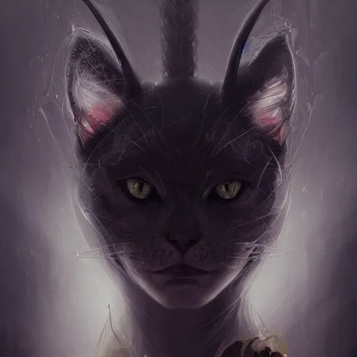 Image similar to portrait of a demon kitty, fantasy, intricate, elegant, highly detailed, digital painting, artstation, concept art, matte, sharp focus, illustration, art by aenaluck and roberto ferri and greg rutkowski, dark mood, epic fantasy, digital painting