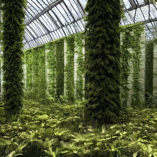 Prompt: photo of a vast forest standing inside a large glasshouse, hyperrealistic, hyperdetailed.