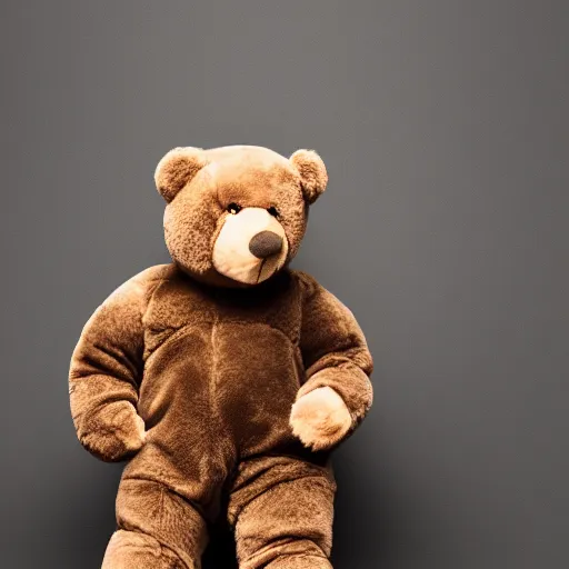 Image similar to a ( ( ( ( ( ( ( ( ( chiaroscuro lighting portrait ) ) ) ) ) ) ) ) ) ) of kanye west dressed as teddy bear mascot, black background, portrait by julia margaret cameron, shallow depth of field, 8 0 mm, f 1. 8