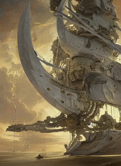 Image similar to epic concept illustration, highly detailed, intricate mechanical design, hard science concept art, star fleet nautilus ship being prepared for launch, by greg rutkowski and alphonse mucha. uhd, cinematic lighting, amazing depth