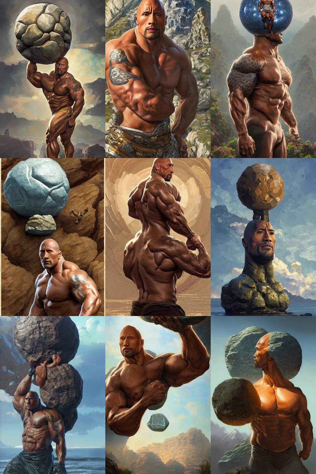 Prompt: beautiful cottagecore Dwayne Johnson as The Rock posed like the Atlas Statue holding a giant spherical Rock on his back, intricate, elegant, highly detailed, digital painting, artstation, concept art, smooth, sharp, focus, illustration, art by artgerm and greg rutkowski and alphonse mucha