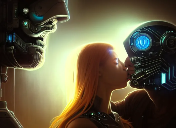 Image similar to ultra realistic medium shot of a couple of cyborgs kissing, lovers, cyberpunk, sci - fi, fantasy, kodak, colour led, soft light, volumetric lighting, fog, rays, night, intricate, highly detailed, digital painting, concept art, smooth, sharp focus, illustration, art by artgerm and greg rutkowski and alphonse mucha