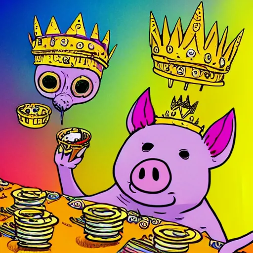 Image similar to trippy comic art of a pig wearing a gold crown eating snacks, drawn by Martin Rowson, Tim Burton, Studio Ghibli, Alex Pardee, Nekro Petros Afshar, James McDermott, colors by lisa frank, unstirred paint, vivid color, cgsociety 4K