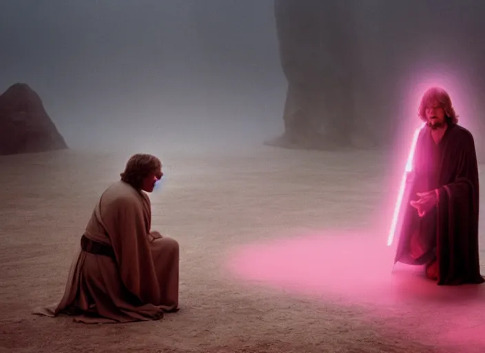 Prompt: Luke skywalker kneels before a strange jedi oracle, a mystic with infinite knowledge of time. in a foggy pink land. still from the 1983 film directed byalejandro jodorowsky. holy mountain, Photographed with Leica Summilux-M 24 mm lens, ISO 100, f/8, Portra 400