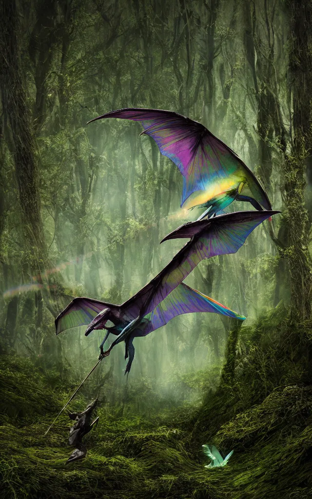 Image similar to iridiscent rainbow dim pterodactyl hunting an insect in a deep swamp, moss and mud, photography, 3d octane render