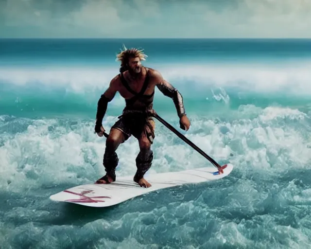 Image similar to single spartan paddling surfi ski through waves, epic award winning action cinematic still from the movie 3 0 0, 8 k, global illumination, detailed face, muscles, rim highlights, hyper realistic, stunning waves, happy vibes