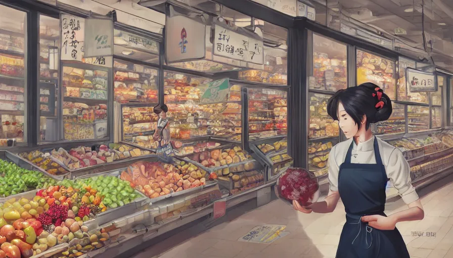 Image similar to photography of a woman grocer with frock, looks like ziyi zhang ， ponytail, grocery store around, winter, anime style character, clean soft lighting, backlit beautiful face, clean brush stroke, 8 k character concept art, by wolp and artgerm ， 3 d