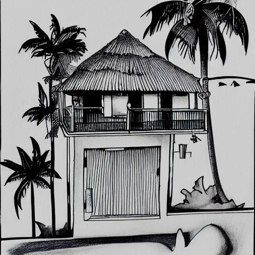 Image similar to imaginative drawing of a beach house, black ink outline, cel - shading