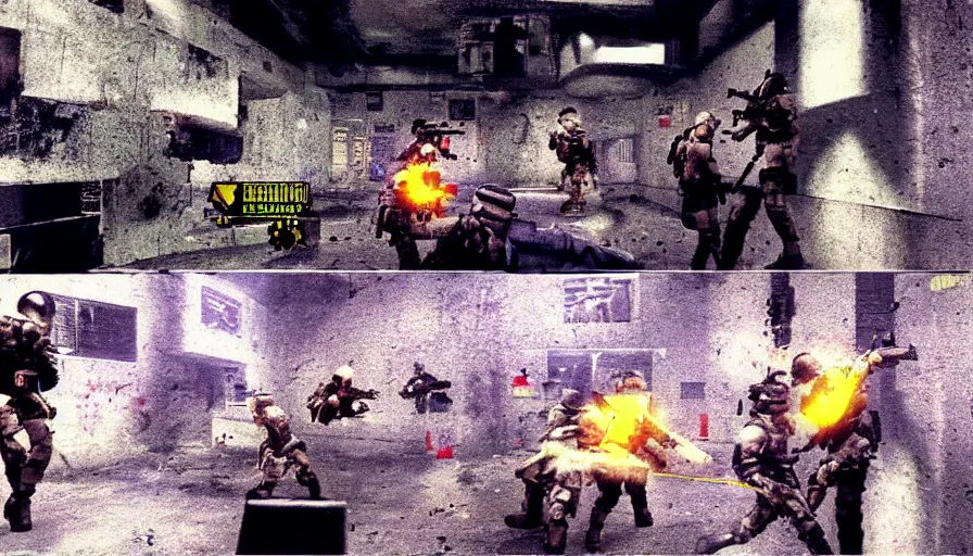 Image similar to 1994 Video Game Deathcam Screenshot, Anime Neo-tokyo Cyborg bank robbers vs police, Set inside of the Bank Lobby, Multiplayer set-piece in bank lobby, Tactical Squad :9, Police officers under heavy fire, Police Calling for back up, Bullet Holes and Realistic Blood Splatter, :6 Gas Grenades, Riot Shields, Large Caliber Sniper Fire, Chaos, Anime Cyberpunk, Anime Bullet VFX, Machine Gun Fire, Violent Gun Action, Shootout, :7 Inspired by Escape From Tarkov + Intruder + Akira :9 by Katsuhiro Otomo: 9