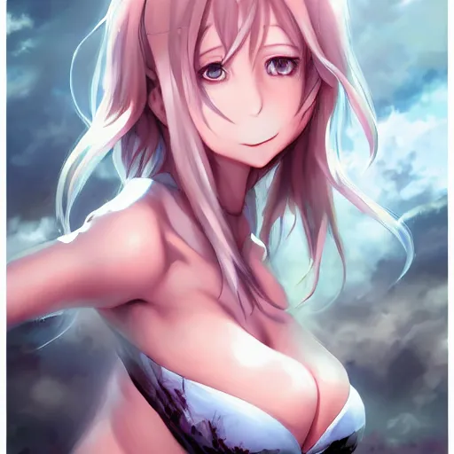 Image similar to anime portrait of a cute ghoul smiling as an anime girl, bikini, by Stanley Artgerm Lau, WLOP, Rossdraws, James Jean, Andrei Riabovitchev, Marc Simonetti, and Sakimichan, trending on artstation