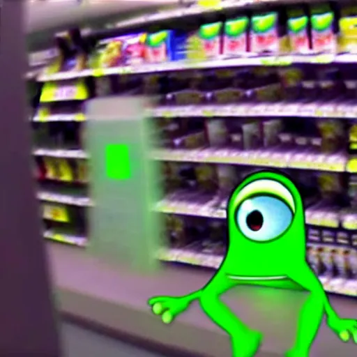 Image similar to cctv cam footage of Mike Wazowski on convenience store