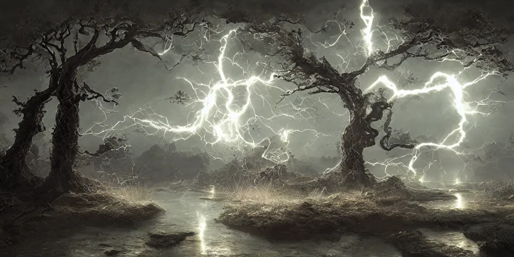 Image similar to the lightning tree, overexposure, electricity, night, unreal engine, digital art, 8 k, oil painting, fantasy art, illustration, detailed and intricate environment