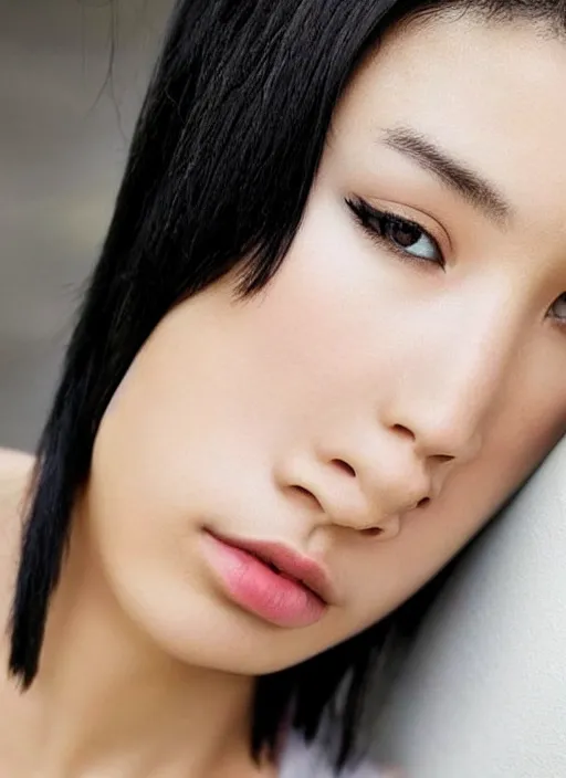 Image similar to beautiful slim tomboy with short black hair and asian eyes, perfection in eyes of males