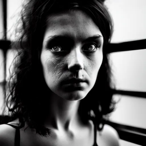 Image similar to black and white photography of highly detailed beautiful depressed Woman with detailed face in the heroine chique style standing by the window, volumetric natural light