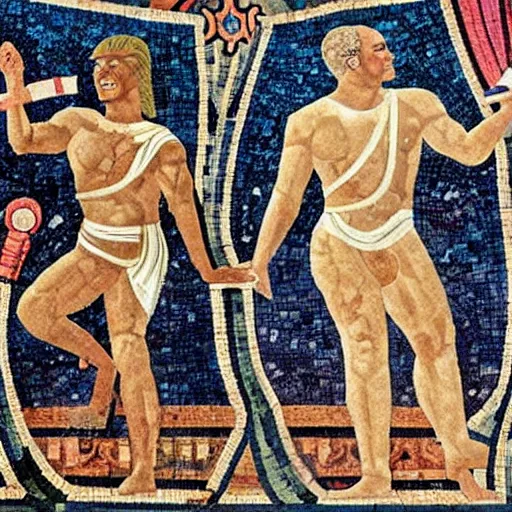 Prompt: Trump and Obama depicted as gladiators, mosaic fresco
