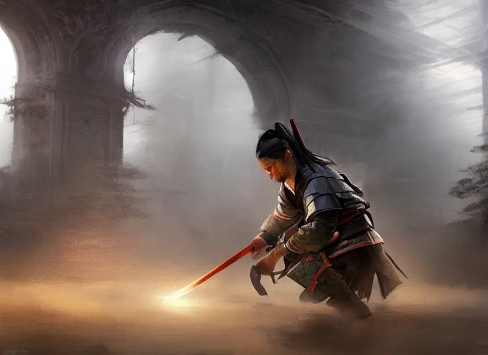 Image similar to samurai is on his knees, there is chaos around, volumetric lighting, digital painting, highly detailed, artstation, sharp focus, illustration, concept art, ruan jia, steve mccurry, amazing composition, gothic arch frame