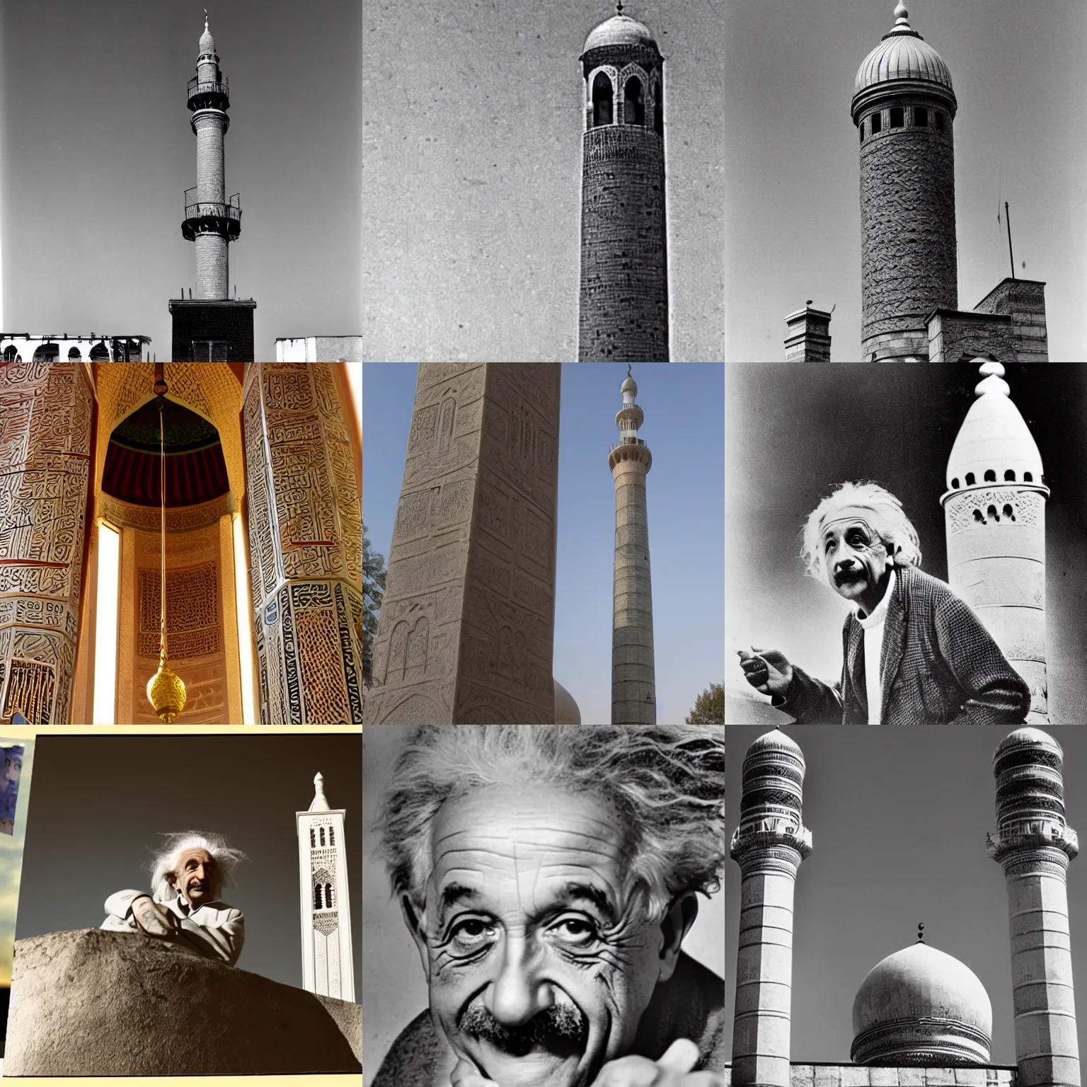 Prompt: albert einstein climbed to the top of the mosque minaret