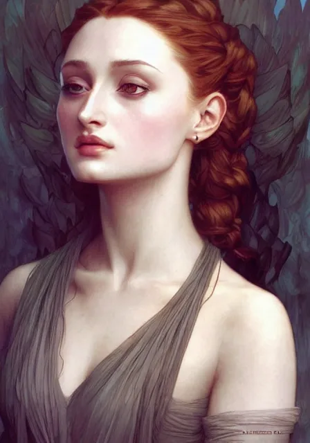 Image similar to sansa angeline jolie, intricate, elegant, highly detailed, digital painting, artstation, concept art, smooth, sharp focus, illustration, art by artgerm and greg rutkowski and alphonse mucha and william - adolphe bouguereau