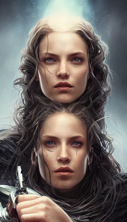 Image similar to furious gorgeous woman, lord of the rings, cyberpunk, posessed, star wars, matrix, fibonacci, sweat drops, insane, intricate, highly detailed, digital painting, artstation, concept art, smooth, sharp focus, illustration, Unreal Engine 5, 8K, art by artgerm and greg rutkowski and alphonse mucha