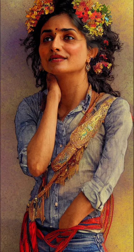 Image similar to close up a beautiful Indian doctor wearing jeans and a shirt in Texas in 2022, sun shining, photo realistic illustration by greg rutkowski, thomas kindkade, alphonse mucha, loish, norman rockwell.