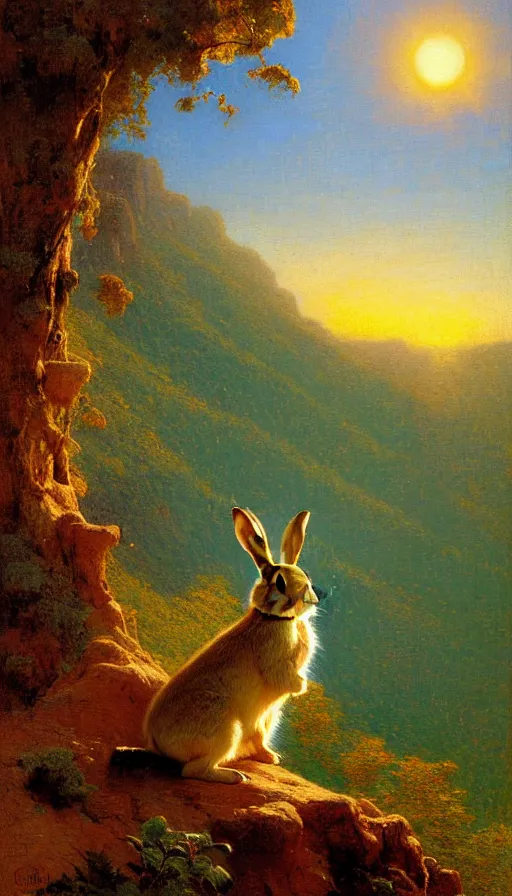 Image similar to hyper realistic rabbit looking off of a cliff, sun setting behind rabbit, lush forest in valley below, painted by gaston bussiere, craig mullins, j. c. leyendecker 8 k