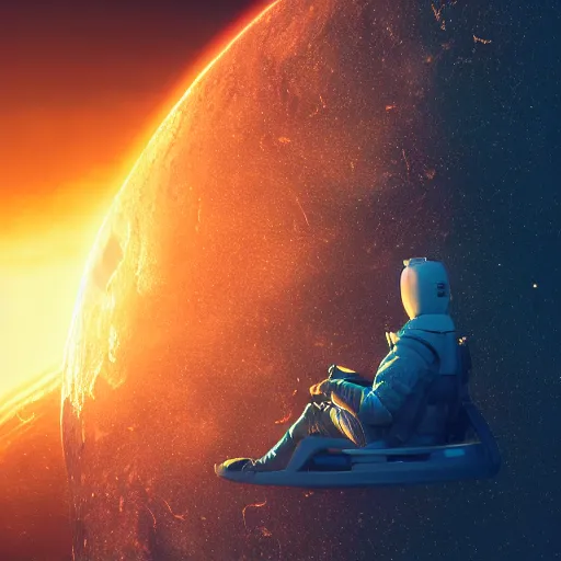 Prompt: A portrait of a man sitting on a meteor flying fast in space, backlight, volumetric lighting, detailed, trending on artstation, 8k, octane render