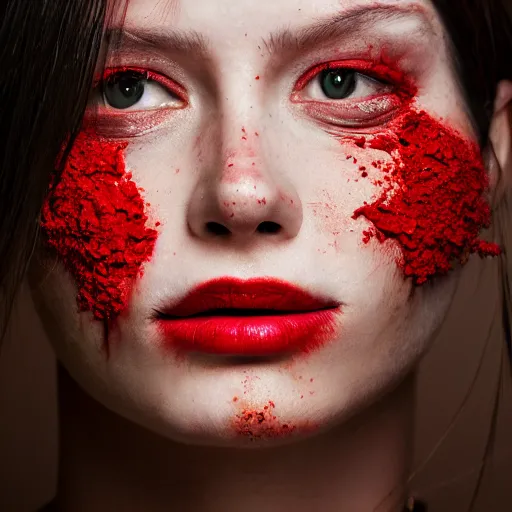 Prompt: female model face, completely red skin, face made of fragments of ash, fashion shooting, 85mm lens, dust particles