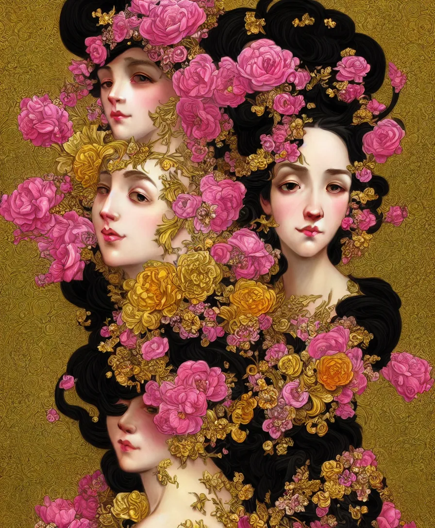 Image similar to beautiful black pink yellow, complicated gold and pink flowers in baroque style headwears, dark fantasy, intricate, elegant, highly detailed, digital painting, artstation, concept art, matte, 3 d 8 k octane rendered, sharp focus, illustration, octane rendered, art by artgerm and alphonse mucha, leesha hannigan