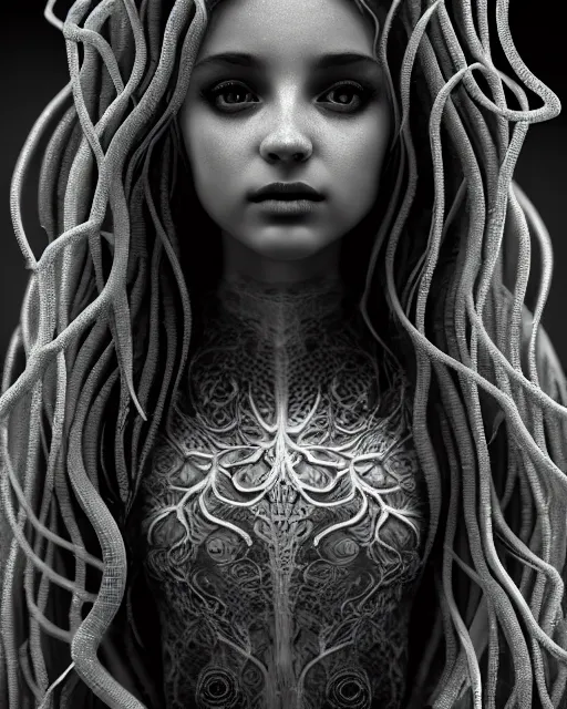 Image similar to mythical dreamy underwater artistic black and white photo of a translucent beautiful young female angelic - medusa - vegetal - doll, highly detailed, intricate crystal ivy jelly ornate, poetic, translucent algae ornate, digital art, octane render, 8 k artistic photography, photo - realistic, hg giger flora borsi