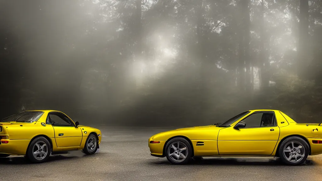 Prompt: a yellow jdm mazda rx 7, cinematic, nikon d 7 5 0, long exposure, white balance, 8 k, led, lumen global illumination, fog, ray tracing reflections, fxaa, rtx, post - production