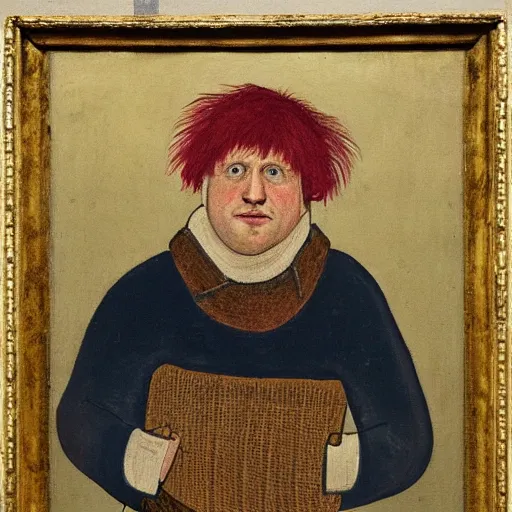 Image similar to boris johnson as a 1 2 th century peasant in england, painting, exhibited at british museum, oil on canvas, restored