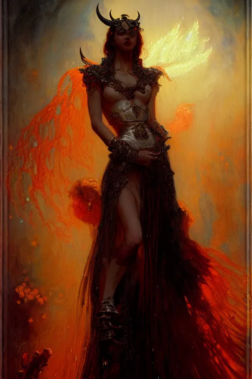 Image similar to a full body portrait of a demon girl wearing gown, high detail, cleary see face, by gaston bussiere, bayard wu, greg rutkowski, odd nerdrum, maxim verehin, dan dos santos, masterpiece, sharp focus, cinematic lightning