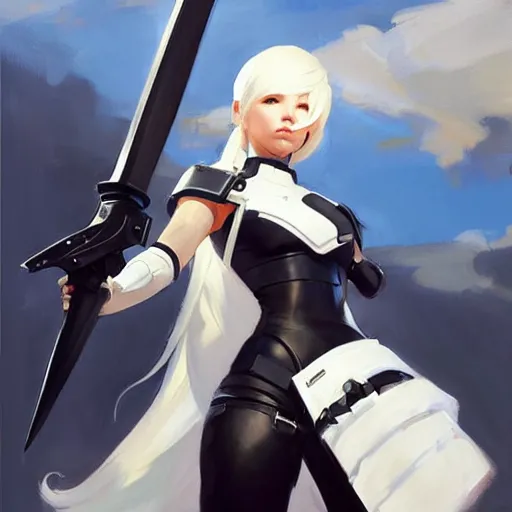 Image similar to greg manchess portrait painting of a 2 yorha type a no. 2 as overwatch character!! holding a sword!!, white long hair, organic painting, sunny day, matte painting, bold shapes, hard edges, street art, trending on artstation, by huang guangjian and gil elvgren and sachin teng