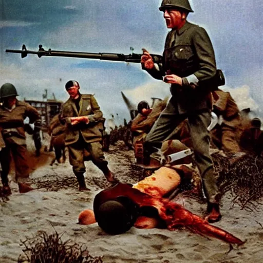 Image similar to ww 2 realistic photo in color beach landing, blood everywhere, explosions