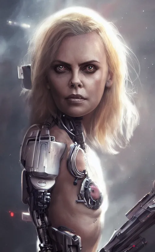 Image similar to a cyborg demon girl, charlize theron, flawless symmetrical pretty cute face, greg rutkowski, 8 k, shallow depth of field, intricate detail, concept art,