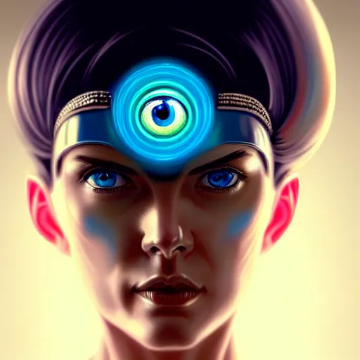 Image similar to woman with extremely large and intricate haircut with friendly blue eyes and slim features looking askance, eye cyberpunk bionics, retro futurist style, intricate, elegant gleaming jewelry, angelic halo, highly detailed, digital painting, artstation, concept art, smooth, sharp focus, illustration, art by wlop, mars ravelo and greg rutkowski,